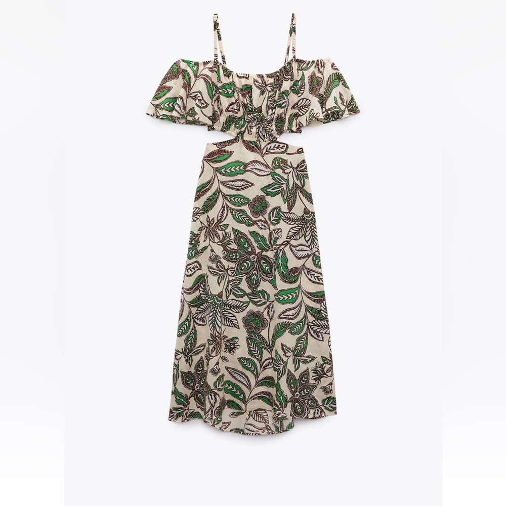 π π NWT ZARA Cutout Leaf Print Maxi Dress | Green, Brown & Tan | Womenβs Small - Picture 1 of 12